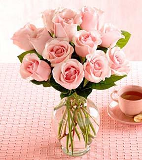 Una docena de preciosas rosas rosadas con florero