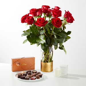 Classic Love Red Rose Bouquet with Chocolates and Candle