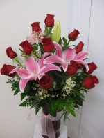 Forever my Love Bouquet One Dozen Red Roses With Pink Stargazer Lily