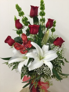 A Flutter of Love Bouquet Half Dozen Rose With Stargazer Lily and a Glittering Butterfly