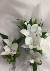 White Orchids with Coffee Berry Corsage and Boutonnniere