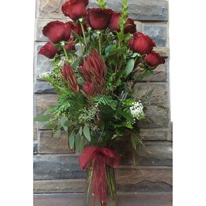 Dozen Long Stem Roses and Flame Tip Leucodendron