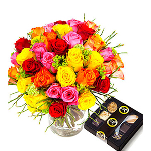 Colorful Bouquet of Short Roses + Chocolate 100g