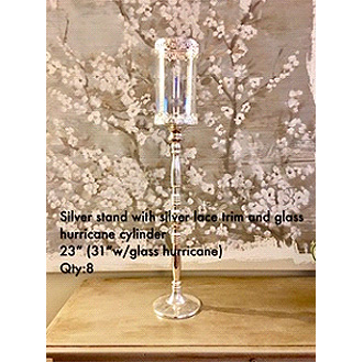 Lovely Silver Stand with Lace Trim Glass Hurricane or Glass Cylinder 23”H~31”H with Glass Piece