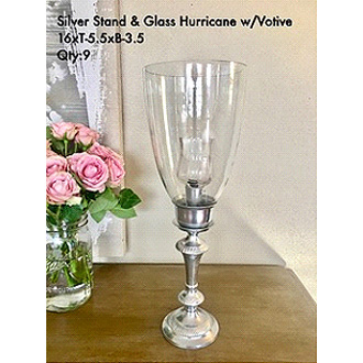 Silver Stand & Glass Hurricane w/ Votive 16xT-5.5xB3.5