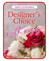Designer's Choice with Roses in Glass Vase