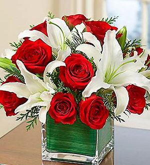 Arrangement of Red Roses and White Liliums