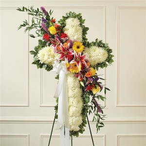 Solid White Standing Cross with Bright Flower Break 