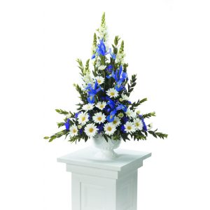 Blue Iris & White Daisy Pedestal Arrangement