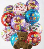 Dozen Happy Birthday Mylar Balloons and a Teddy Bear