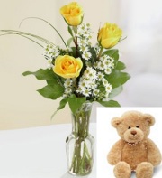 Yellow Rose Bud Vase and Teddy Bear