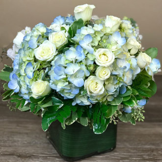 Blue Hydrangea and White Spray Roses