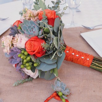 Bridal Bouquet and Boutonniere Succulents and Orange Roses