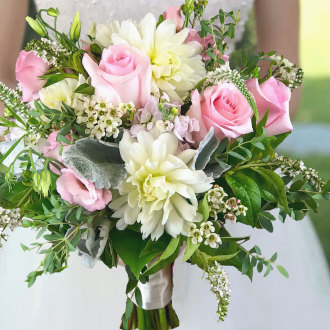 Pink and White Bridal Bouquet with Pink Roses 