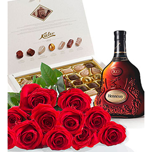Roses, Cognac and Chocolates, Photo is Illustrative