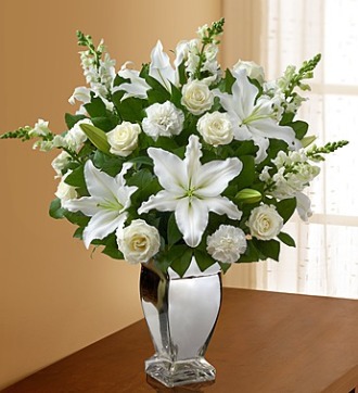 All White Arrangement in a Silver Vase