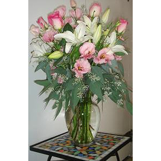 Pink Roses and White Lilies Arrangement