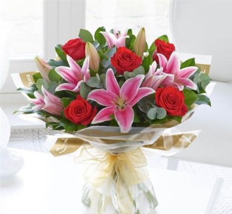 Red Rose and Pink Lily Hand-Tied Bouquet
