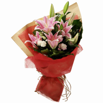 MGM Gift-wrapped Pink Lily Bouquet