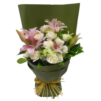 MGM Gift-wrapped Pink Lily & White Rose Bouquet