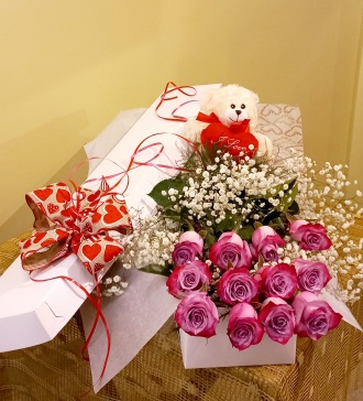 Lavender Roses With Baby's Breath And Bear Boxed