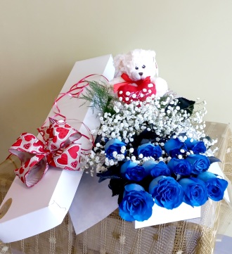Blue Roses With Baby's Breath And Bear Boxed