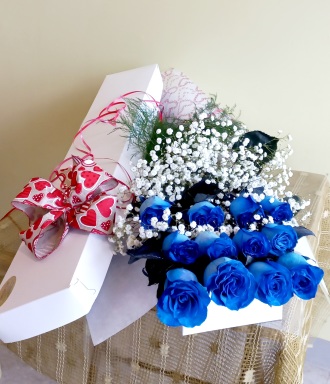 Blue Roses With Baby's Breath Boxed