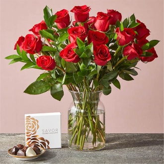 Two Dozen Red Roses with Handcrafted Chocolates