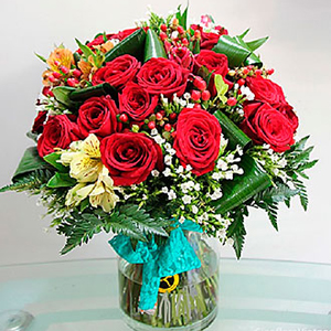 Red Roses and Seasonal Flowers in a Vase