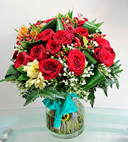 Red Roses and Seasonal Flowers in a Vase