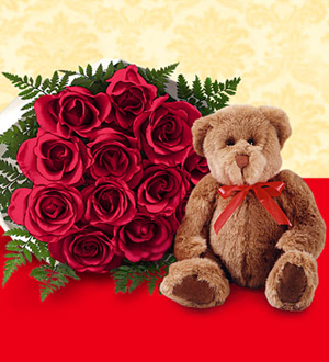 1 Dozen Red Roses with Bear- wrapped