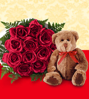 1 Dozen Red Roses with Bear- wrapped