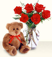 1/2 Dozen Red Roses with Vase and Bear