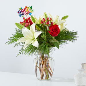 Evergreen Delight Bouquet and Happy Birthday Topper
